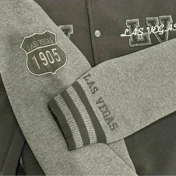 Passion-I Las Vegas NV Varsity Fleece Bomber Jacket Snap Gray Black Size L - Picture 3 of 8